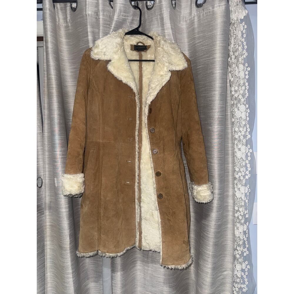 Vintage Y2K Outbrook suede Penny Lane coat in tan with faux fur size medium